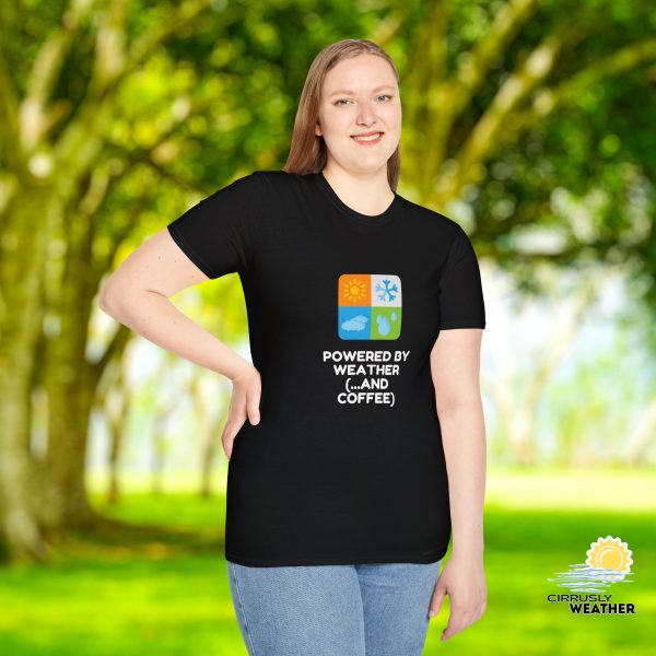 Powered By Weather and Coffee Unisex T-Shirt (Softstyle), Black
